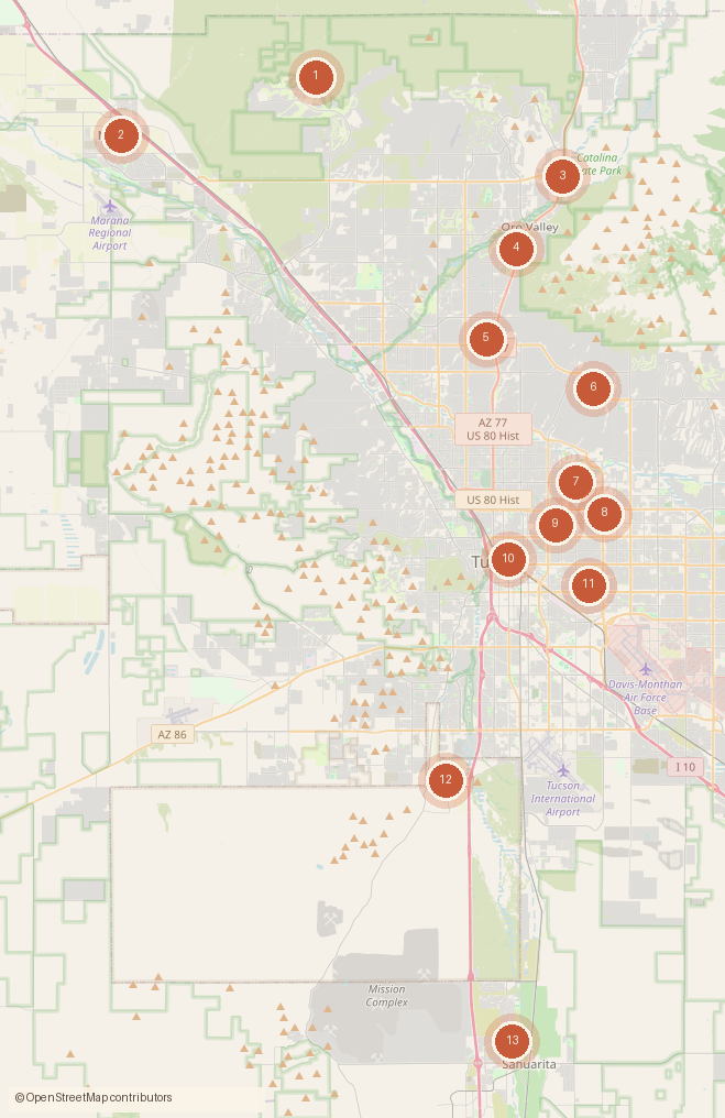 Mapa del área metropolitana de Tucson con marcadores numerados para cada sede de esta guía, desde Marana en el noroeste hasta Sahuarita en el sur