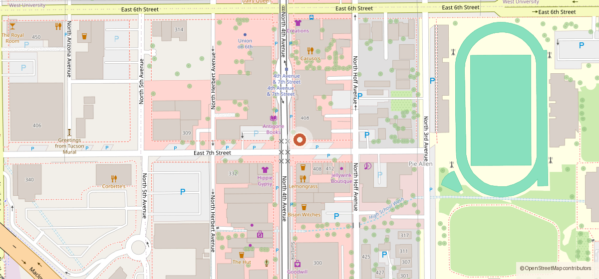 Mapa que muestra la ubicación de Double Down on 4th, 400 N 4th Ave, Tucson AZ 85705