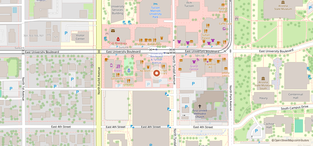 Mapa con la ubicación de Frog & Firkin, 874 E. University Blvd.